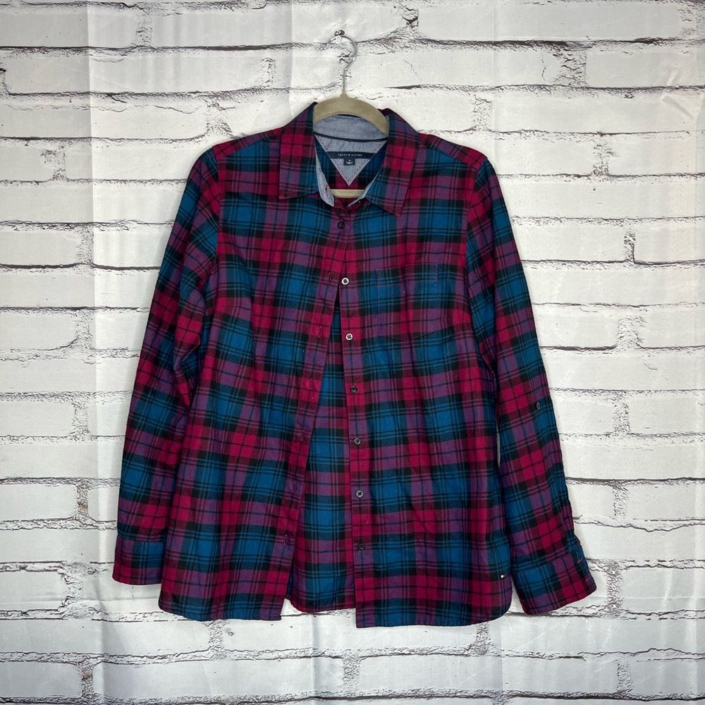 Tommy Hilfiger Red Blue Plaid Button‑Up Shirt M Classic Preppy Streetwear Top